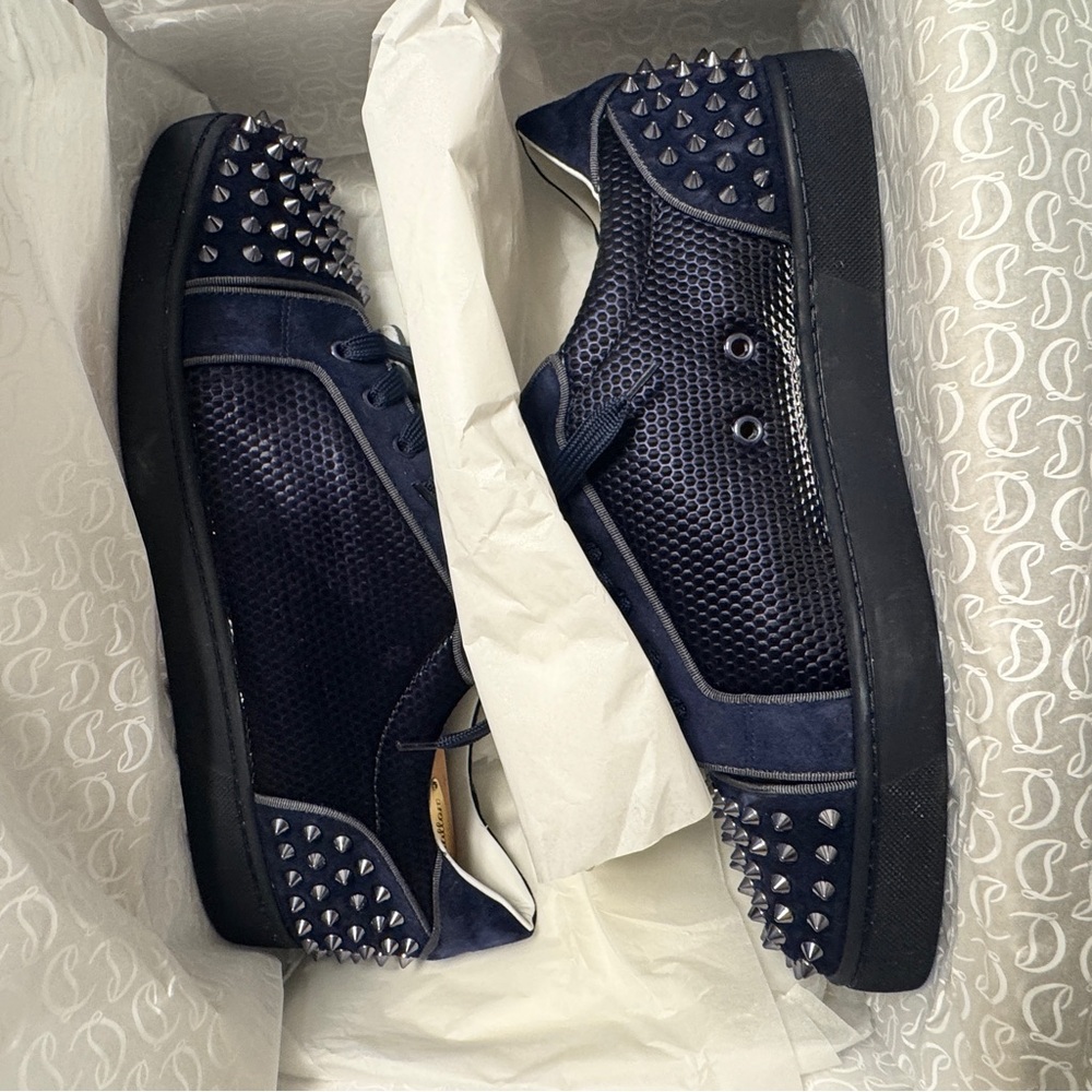 Navy Blue Christian Louboutin Textured Sneakers with Silver Studs